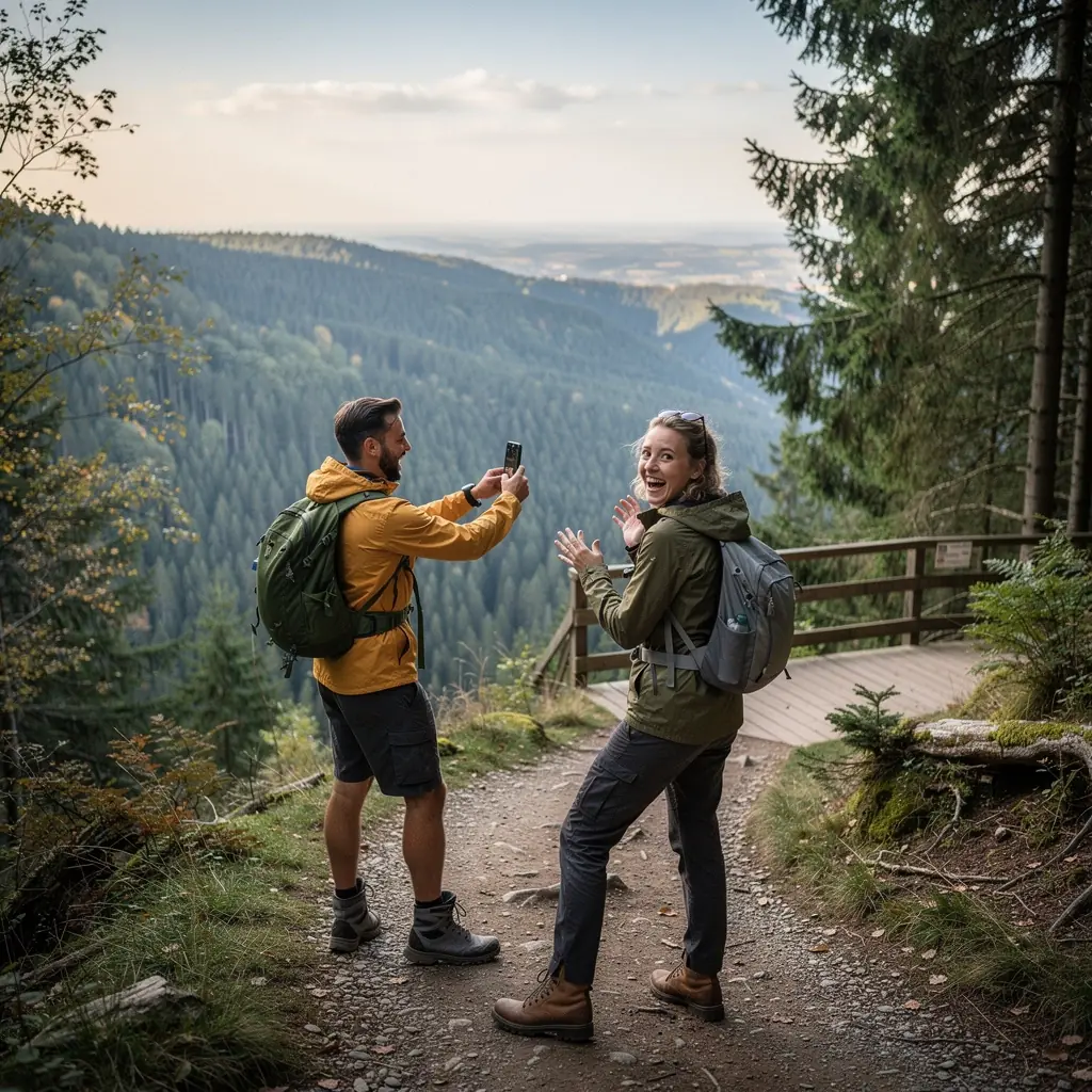Romantische Landschaft im Schwarzwald mit sanften Hügeln und dichten Wäldern.