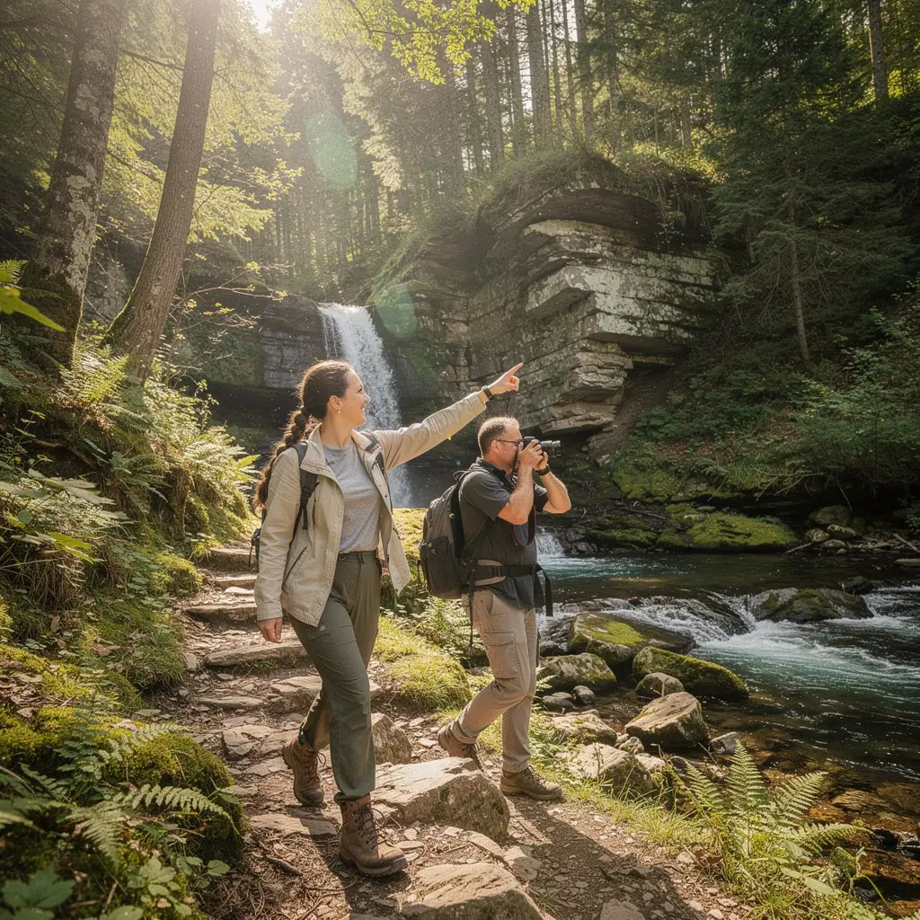 Wasserfall inmitten der Natur, umgeben von üppigem Grün und beeindruckenden Felsen.