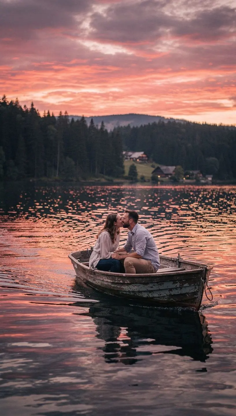 Gemütliche Holzferienhütte mit Blick auf einen klaren See und die umliegenden Berge.
